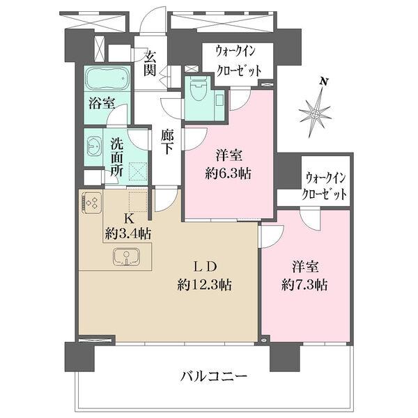 2部屋が南東向きバルコニーに面した住戸。2つのウォークインクローゼットが備わる収納豊富な間取り。