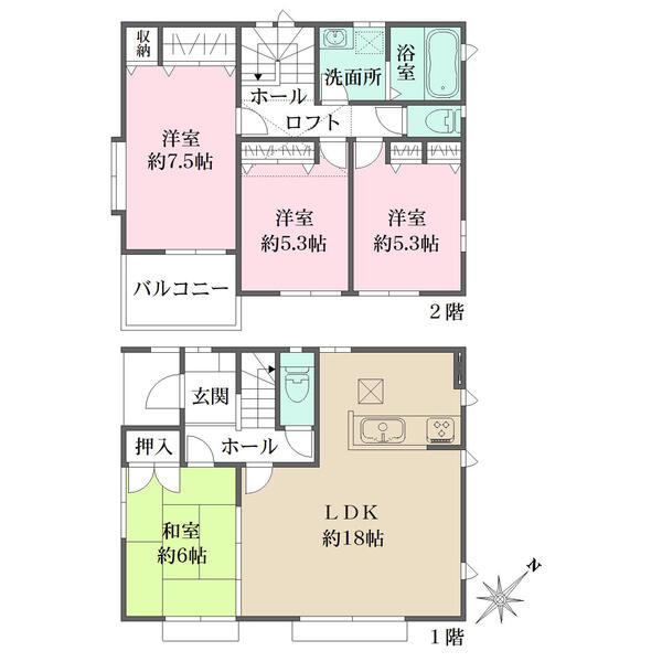 LDKは広々約18帖。2階中央の洋室にロフト有。水回りや階段など随所に窓があり、陽当り・通風良好。