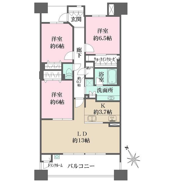 カウンター式システムキッチンの為使い勝手良好/洋室(約6.5帖)にWICあり/トランクルームあり