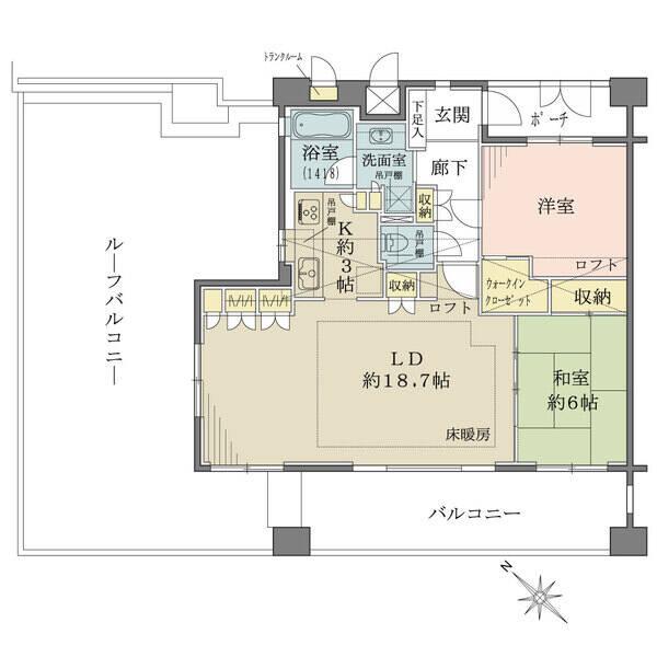 2面バルコニー付き角住戸。ロフト、ウォークインクローゼットなど全居室に収納が豊富。玄関前にポーチ有。