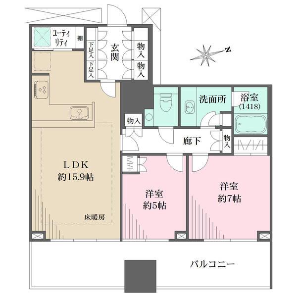 全居室がバルコニーに面するワイドスパン設計。陽当り・眺望良好です。キッチン横にユーティリティ有り。