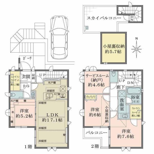 全居室に2面以上の開口部が設けられています。LDに床暖房有。小屋裏収納など、各所に収納が豊富です。