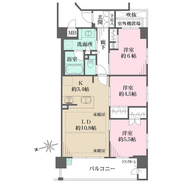 風通し・採光性の良い南西角部屋。LDKに2部屋が隣接し、廊下が少なく、住空間が広く確保されています。