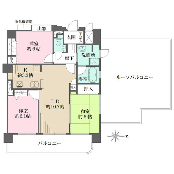 LD含む3部屋が東向きバルコニーに面し、北側にはルーフバルコニー付き。洗面室・浴室にも開口部有り。