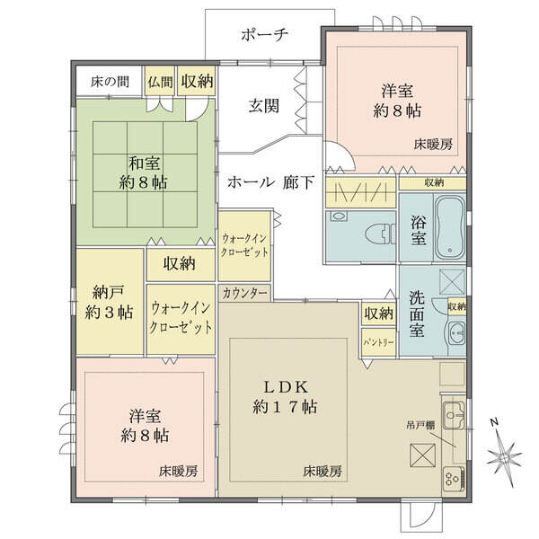 納戸・ウォークインクローゼット・パントリーなど収納豊富な住まい。全居室8帖以上の広さ&2面採光です。