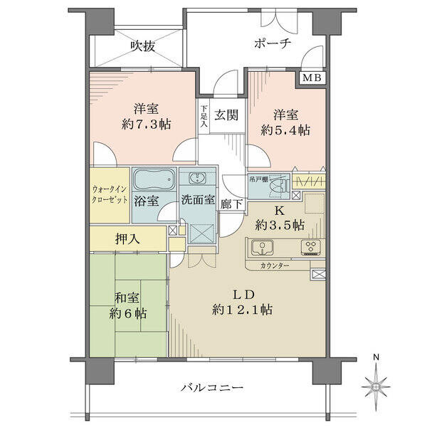 LD、和室がバルコニーに面する南向き住戸。ウォークインクローゼットや押入など、全居室収納付。