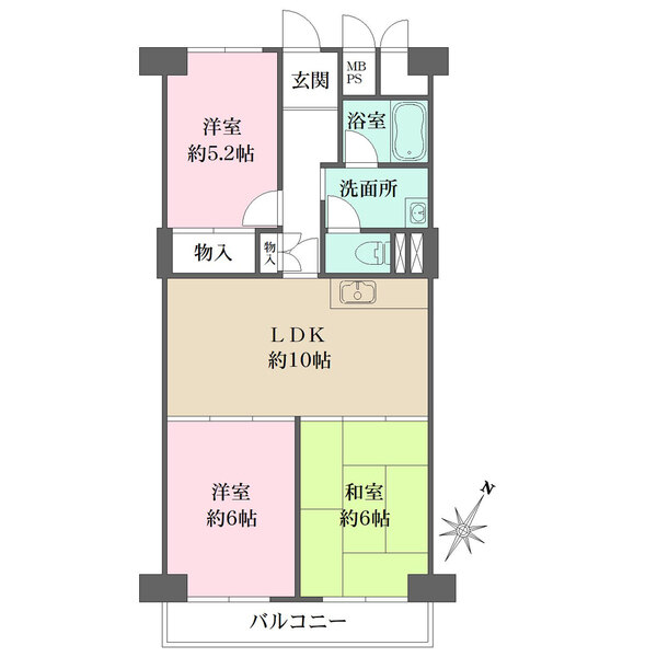 廊下部分を短く、住空間が広く確保された間取り。洋室・和室1室がLDKに隣接し、一体利用も可能です。