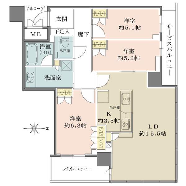 東側にバルコニー、北側にサービスバルコニーが配された通風良好な間取りです。全居室に収納有り。