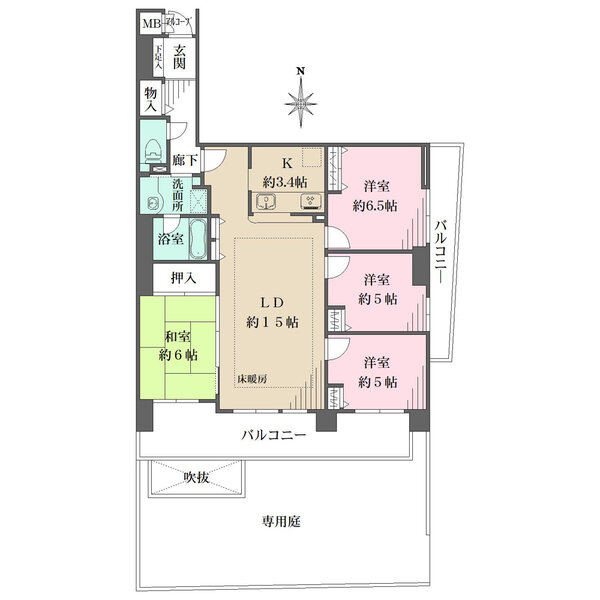 全居室バルコニーサイド設計で、採光性に優れた住戸。全居室収納の他、廊下・玄関にも収納がございます。