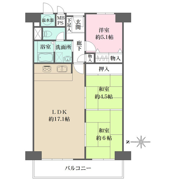 LDKは17帖超。和室が隣接し、可変性・回遊性のある設計。洋室・約4.5帖の和室、廊下に収納付き。