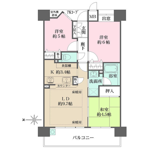 陽当り良好な西向き住戸。LDKは和室と一体利用することで、約17.6帖の広々空間として活用できます。