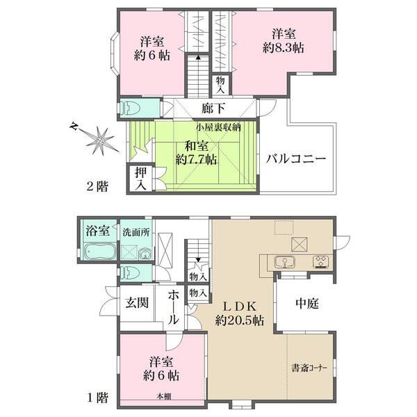 中庭を囲むように設計されたLDKは約20.5帖。全居室6帖以上のゆとりある間取り。屋根裏収納有り。