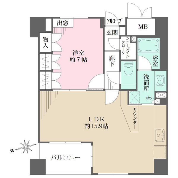 LDKは広々約15.9帖。洋室の大型壁面収納やシューズインクローゼットなど、収納豊富な間取りです。