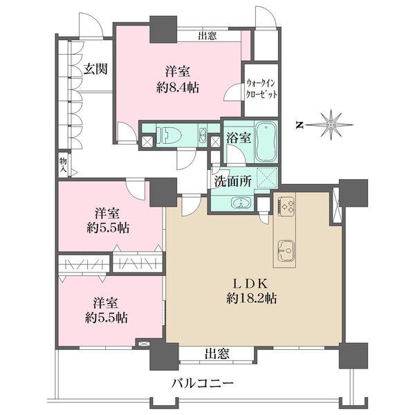 ワイドスパンバルコニーが備わり、開放的な住まい。LDKはゆとりある約18.2帖。全居室収納有。