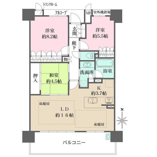 5階部分の南向き住戸。陽当り・通風・眺望良好です。LDKは約19.7帖。和室と一体利用が可能です。