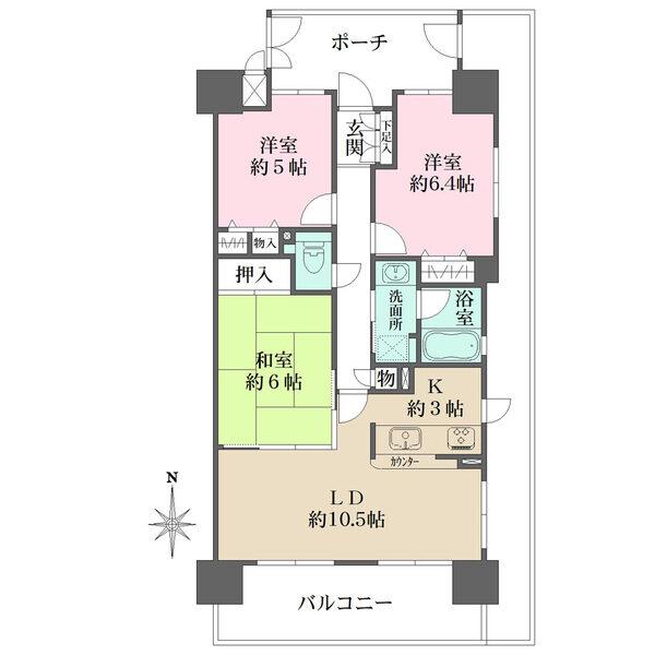 広々とした専用ポーチ付き。南向きの角住戸。キッチン、浴室に窓有。室内が広く使えるアウトポール設計。