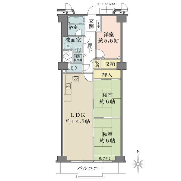 南向きの3LDKタイプ。使いやすいL字型キッチンです。