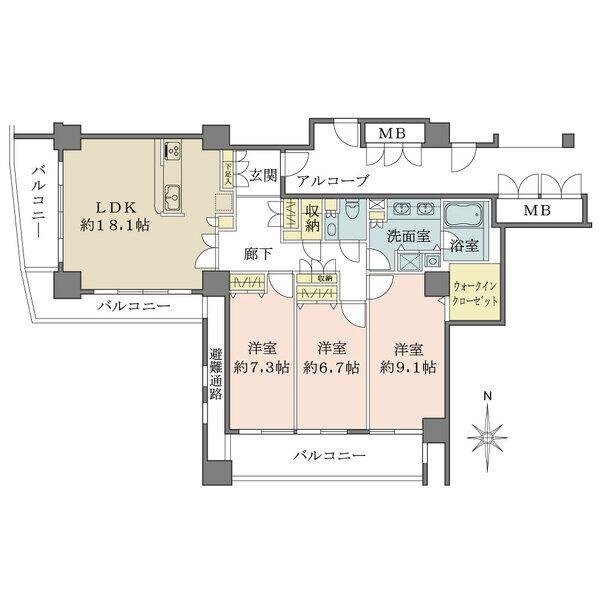 角住戸×全居室がバルコニーに面した開放的な間取り。収納豊富で、各洋室も約6帖以上のゆとりある住まい。
