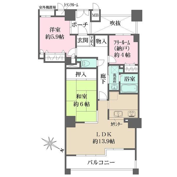 陽当り・通風良好な東向き住戸です。キッチンは対面仕様。納戸やトランクルームなどが備わり、収納が充実。