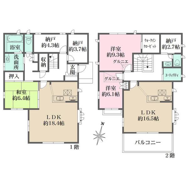 1・2階にそれぞれLDK・トイレ・洗面台が設けられた二世帯住宅。洗面所・浴室は1階に配されています。