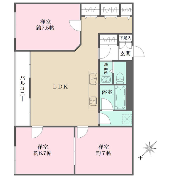 最上階4階部分。LDKを中心に、洋室3室が配された間取り。洗面室・脱衣室はセパレートタイプです。