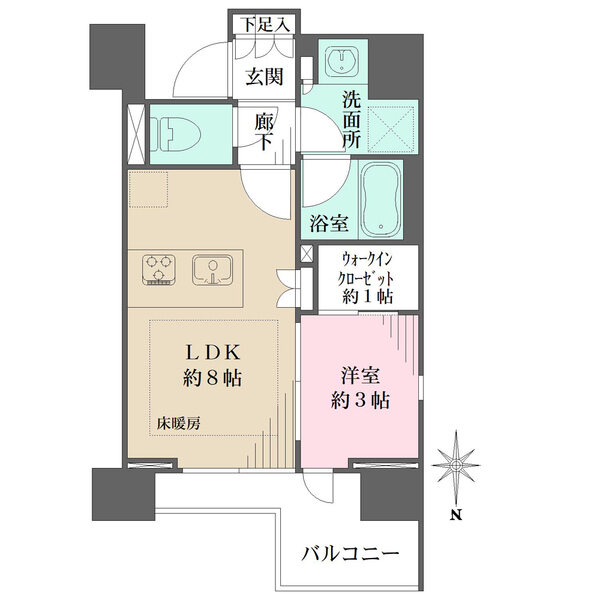 家具の配置がしやすいすっきりとした間取り、角住戸ならではの二面採光、開放的な対面式キッチン等