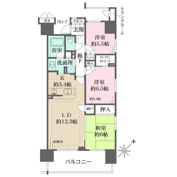 開放的な角住戸。キッチン・洗面室を繋ぐ回遊設計につき、家事動線良好。収納豊富ですっきりと暮らせます。
