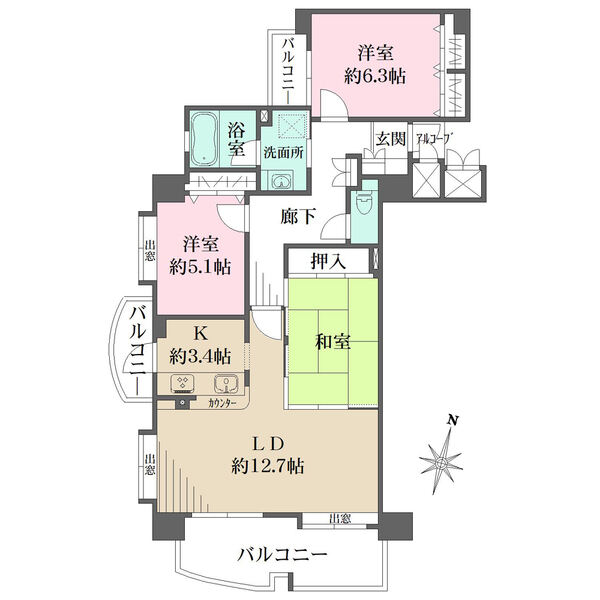 陽当り・通風良好な、南東・南西角住戸。柱の出っ張りが無いすっきりとした設計です。各和洋室に収納有り。