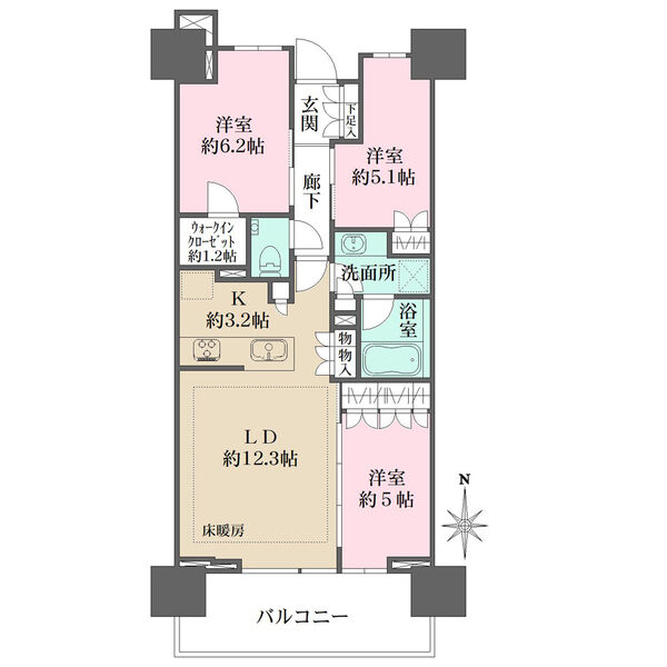 全洋室が5.0帖以上及び約1.2帖のウォークインクローゼットが備わっている約70m2の3LDKです。