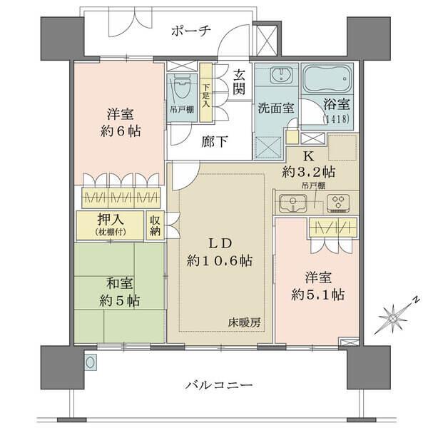 南東向き、天井高約2.5m(LD・居室)、奥行約2.0mのバルコニー、6.93m2の門扉付専用ポーチ