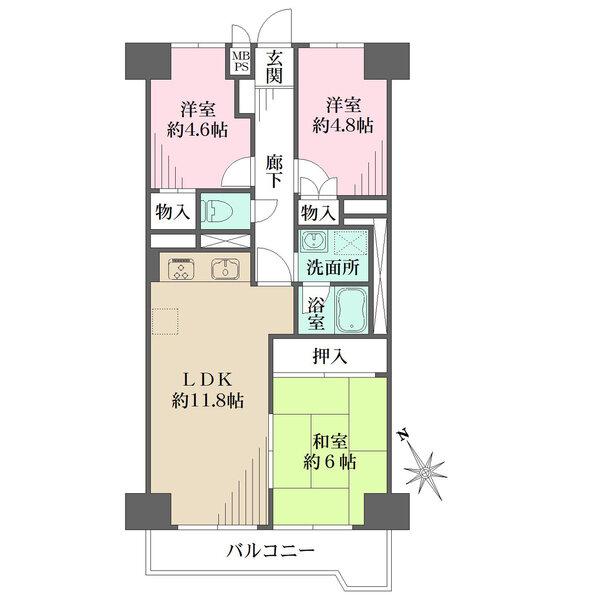 LDK・和室が南西向きバルコニーに面し、陽光を取り込みます。各和・洋室に収納が備わっています。