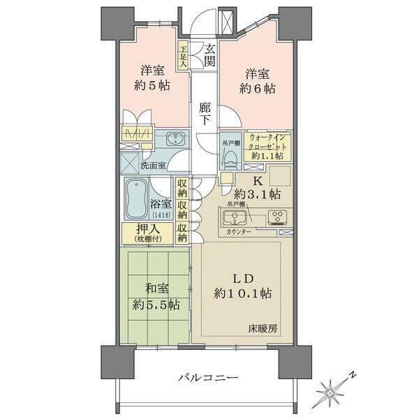3LDKの家具が配置しやすい間取り、天井高2550mmで圧迫感がなく、各部屋の収納力も豊富です。