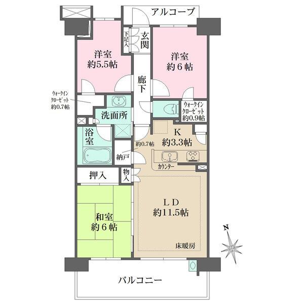 LDKと和室が南西向きバルコニーに面します。2か所のウォークインクローゼットや納戸など収納豊富。