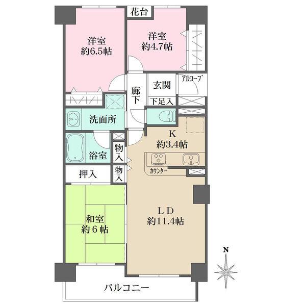 南向きバルコニーにLDと和室が面した間取り。カウンターキッチンはLDに目配りがしやすい対面式です。