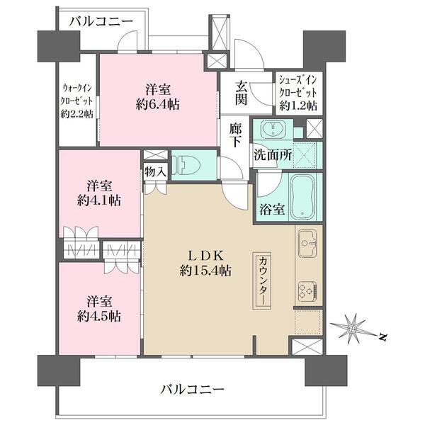 ゆとりあるバルコニーは東向き。LDKに洋室2部屋が隣接しており、ご家族の気配を感じられる間取りです。