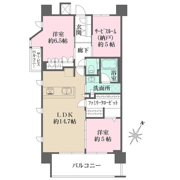2LDK+S+ファミリークローゼット。納戸は、約5帖あり、子供部屋や書斎など多目的に利用可能。