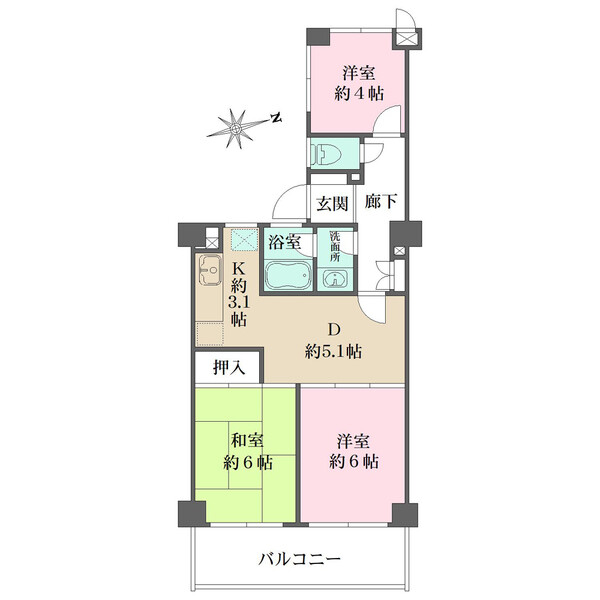 DKを中心に洋室2室と和室1室が配された間取り。約4帖の洋室は、DKから離れた独立性の高い配置です。