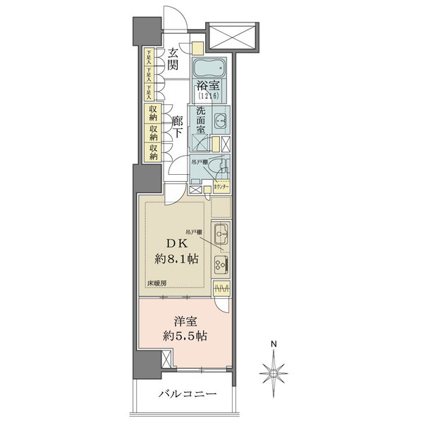 玄関の下足入、廊下部分の物入、洋室のクローゼットなど収納豊富。DKと洋室は一体利用も可能です。