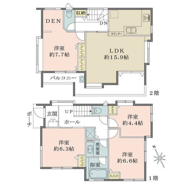 全居室2面以上の採光が確保された陽当り良好な住まい。2階リビング設計、南西向きバルコニー付き。