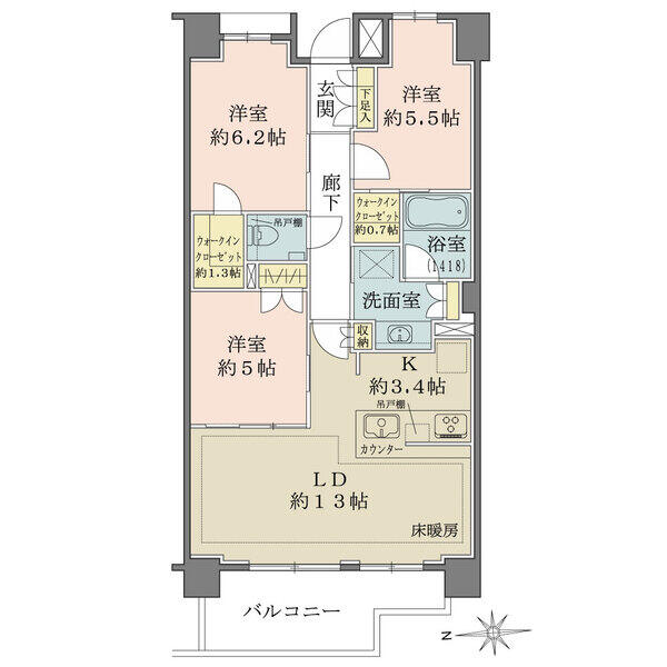 全居室に収納が備わっており、住空間を有効活用できます。各洋室5帖超とゆとりがあるのも嬉しいポイント。