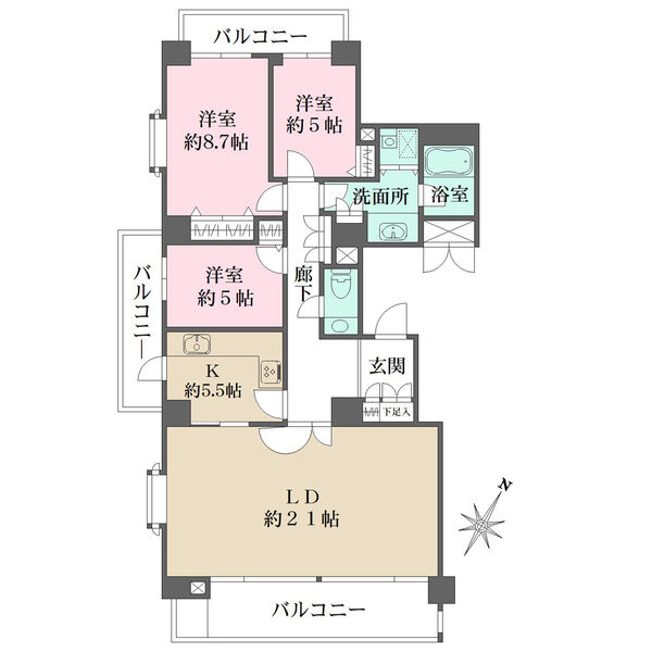 LDKは広々約26.5帖。全居室がバルコニーに面し、陽当り良好。キッチンは便利な2WAY仕様です。