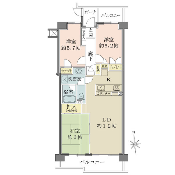 南向き・3LDKの間取り。水回りの設備がお部屋の中心部分に集まり、家事動線に配慮されております。