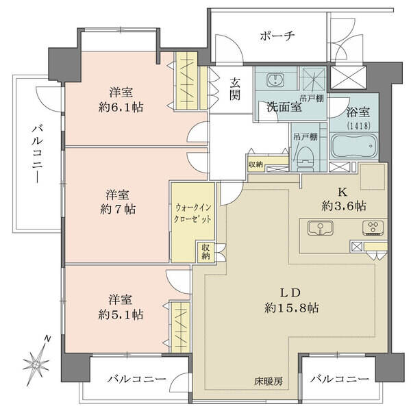 全居室バルコニーサイド×収納付きの住まい。LDKは合わせて広々19帖超、浴室は1418サイズ。