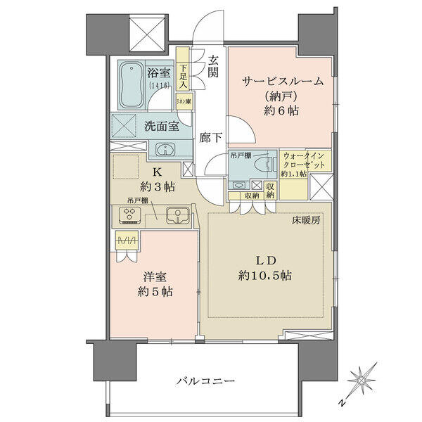 北西・南西の2面に開口部がある角住戸。サービスルームは約6帖、ウォークインクローゼット付きです。