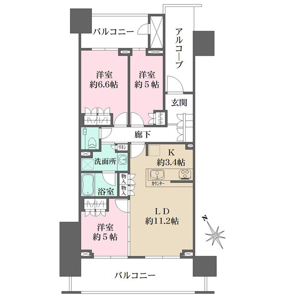柱の出っ張りがないため家具の配置がしやすい間取となっております。