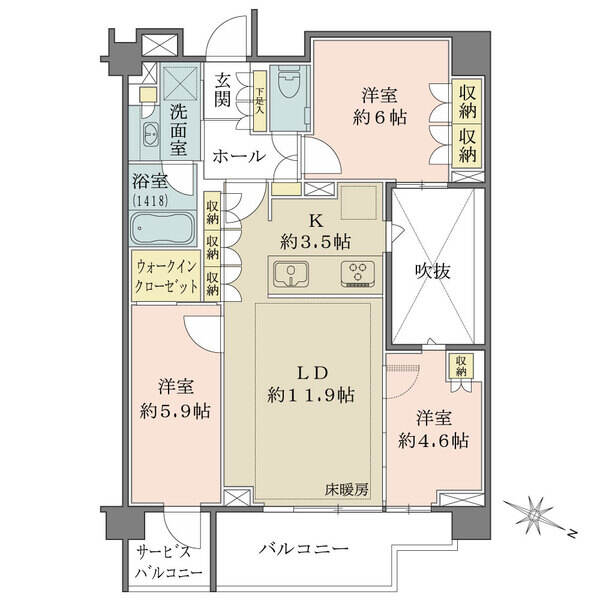 住まいの中央にLDKが配置された間取り設計。ウォークインクローゼットなど、随所に豊富な収納有り。
