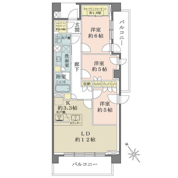 南西・南東2面にバルコニー付き。全居室5帖以上の広さ。ウォークイン&シューズインクローゼットあり。