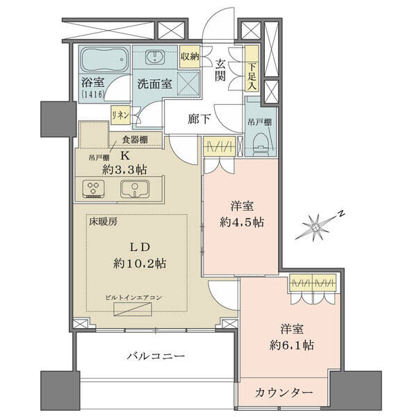 南東向きバルコニーが備わり陽当り良好。各洋室や洗面室、玄関部分に収納が有り住空間を有効活用できます。