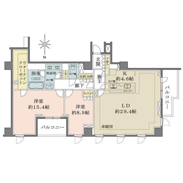 複数の開口部が設けられた開放感のある角住戸。LDはゆとりの約29.4帖、キッチンは2WAY設計です。