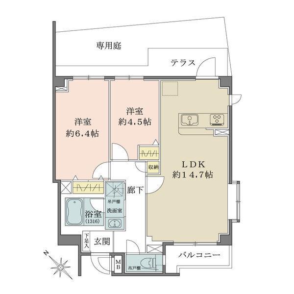 通風良好な角住戸。LDK含む3部屋がテラス&専用庭に面し、キッチン、各洋室からテラスに出入り可能。